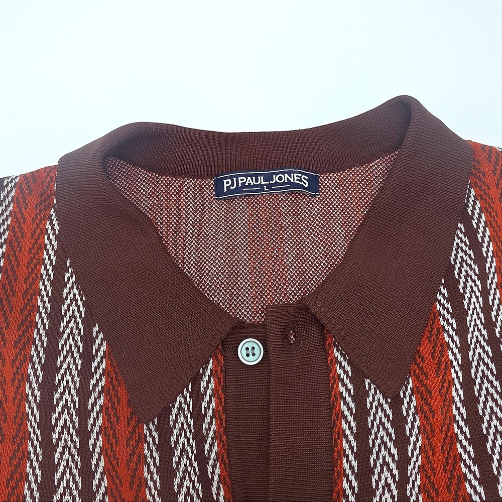 Vintage PJ Paul Jones‎ Men's Knit Polo Shirt Brown Orange White Stripe Size L - Picture 3 of 8